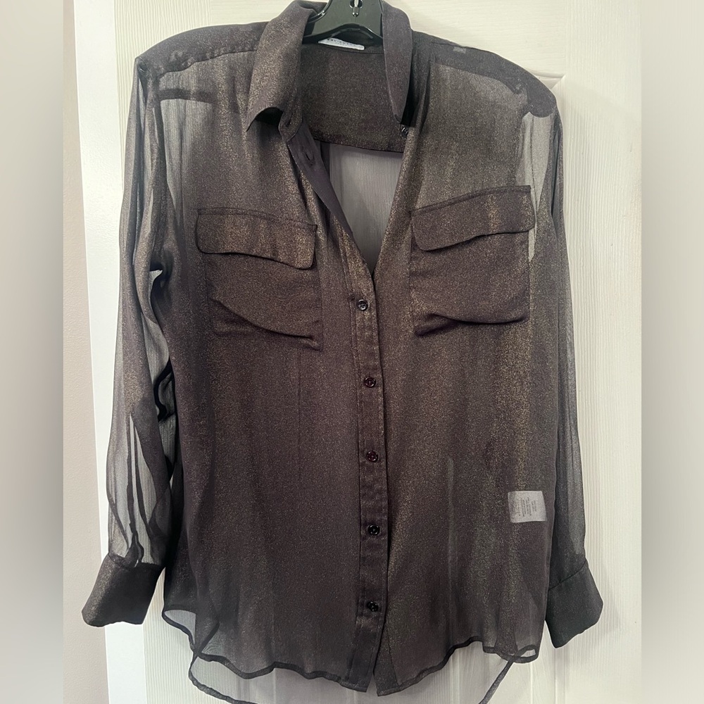 Equipment sheer black and gold metallic shimmer blouse